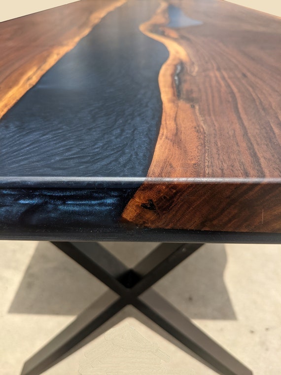 Live Edge Walnut River Desk: Resin Epoxy, Wireless Charging, Home