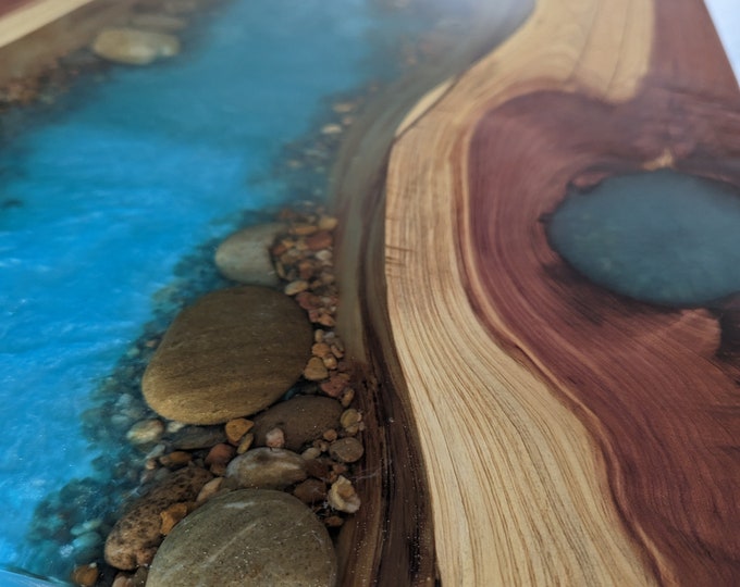 Cedar Live Edge Resin River Bar Top With River Bed Rock Pebble Accent