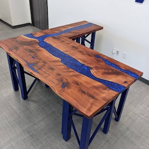 L shape desk - cedar resin river desktop, live edge, epoxy, reception, office writing desk, executive, unique, gaming, corner, reception