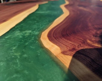 Cedar Live Edge River Dining Table, Hunter Green Resin, Black Metal Legs