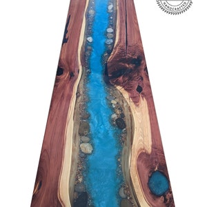 Live Edge Cedar River Bar Top: Blue Resin & Pebble Inlay