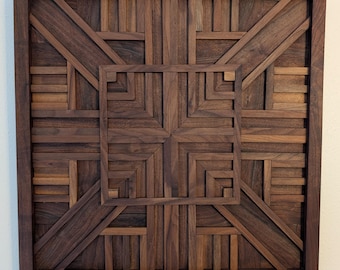 Geometric Walnut Wood Wall Art | Handmade 3D Sculpture