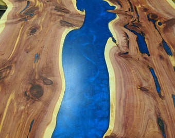 Live Edge Cedar Resin River Dining Table - Turquoise Blue - 72" x 42"