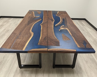 Live Edge Walnut Conference Table: Resin River, Two-Piece Design