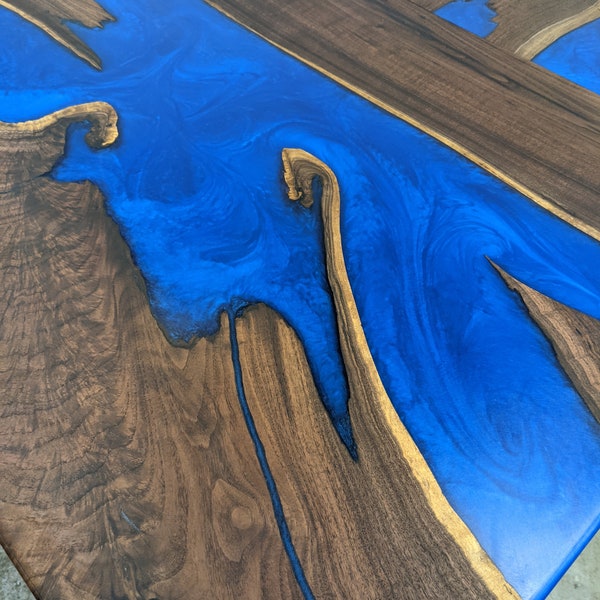 L shape walnut desk - blue resin river, desktop, live edge, epoxy, office, executive, gaming, home office, work from home, custom gamer gift