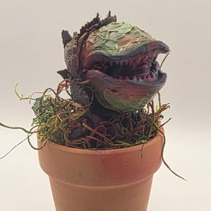 Può includere: Una figura di pianta carnivora scolpita con una testa testurizzata verde e rosso scuro, denti affilati e bocca aperta, inserita in un semplice vaso di terracotta riempito con fibre di muschio verde e marrone e sottili filamenti vegetali.