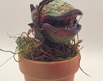 Audrey II  Little Shop of Horrors Inspired Airbrushed Carnivorous Plant Prop Handmade Display Includes Pot & Moss 4" Tall