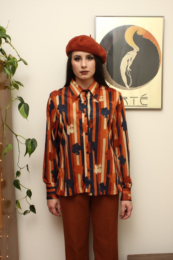 Vintage Burnt Orange Abstract Blouse 1960s-1970s - image 1