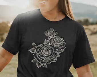 Shirt met rozenbloemenkunst, shirt met rozen, shirt met bloemen, shirt met bloemen, T-shirt vintage roos, minimaal grafisch T-shirt, T-shirts met grafische afbeeldingen voor mannen en vrouwen, retroroze silhouet