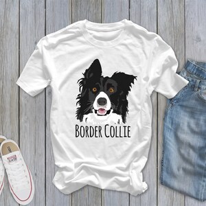 May include: White t-shirt with a black and white illustration of a Border Collie dog's head. The text "BORDER COLLIE" is printed below the image.