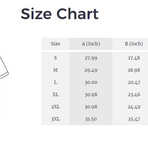 Puede incluir: Ilustraci&oacute;n de una camiseta blanca con una tabla de tallas en pulgadas. La tabla incluye tallas de la S a la 3XL, con medidas para A, B y C. El texto "Size Chart" est&aacute; en la parte superior.