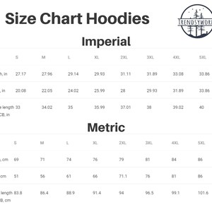 Pode incluir: Tabela de tamanhos para hoodies em medidas imperiais e m&eacute;tricas. A tabela mostra o comprimento, a largura e o comprimento da manga em polegadas e cent&iacute;metros para os tamanhos S a 5XL.