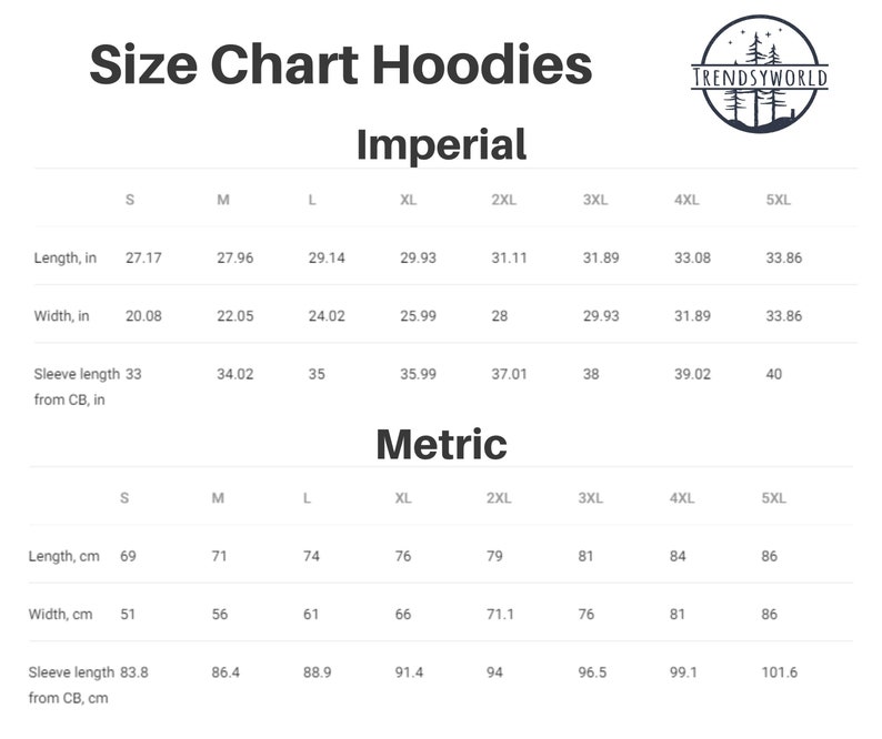 Pode incluir: Tabela de tamanhos para hoodies em medidas imperiais e m&eacute;tricas. A tabela mostra o comprimento, a largura e o comprimento da manga em polegadas e cent&iacute;metros para os tamanhos S a 5XL.