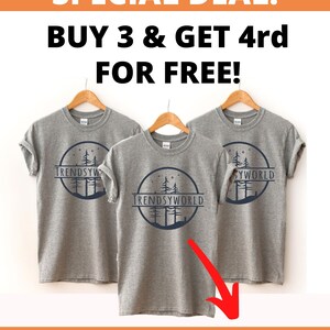 May include: Three gray t-shirts with a forest scene and the text "TRENDSYWORLD" printed on them. The image includes the text "SPECIAL DEAL! BUY 3 & GET 4rd FOR FREE! USE COUPON CODE: SPECIAL4".