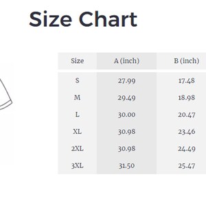 May include: Size chart for a t-shirt with measurements in inches for length (A), width (B), and sleeve length (C). Sizes include S, M, L, XL, 2XL, and 3XL.