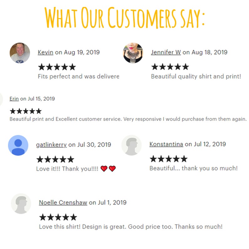 May include: A collage of customer reviews with five-star ratings and positive comments about a product. The reviews include comments like "Fits perfect and was delivered", "Beautiful quality shirt and print!" and "Love it!!! Thank you!!!!".