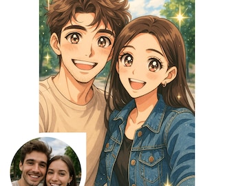 Ritratto anime personalizzato. Cartone animato anime personalizzato. Ottima idea regalo per coppia, moglie, marito, fidanzata o fidanzato.