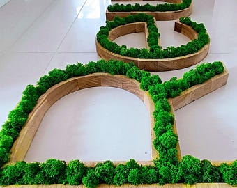 Öko-Luxus-Dekoration, individueller Holz-Moosbuchstabe | 3D-Logo-Schild mit Rentierflechte | Firmenlogo | Natürliche Wandkunst | Personalisierte Bürodekoration