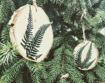 Set von 3 Holzscheiben Dekoration/ Handgemachter Christbaumschmuck mit natürlichen Farnen und Moos/ Natürliche Christbaumkugeln/ Holzdekor/ Weihnachtskugeln