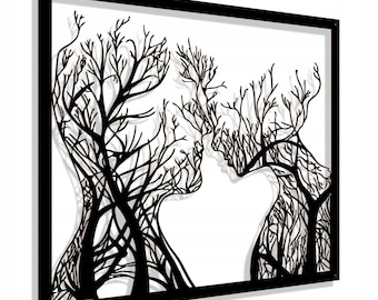 Wandkunst „Baum des Lebens“ – 3D-Durchbruchplatte | Silhouette von Mann und Frau | Schwarzer Velours | Moderne Wanddekoration