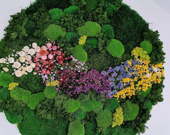 Rundes Kunstmoos, Farne und bunte Blumen 39",28", 20", 12" (100cm,70cm,50cm,30cm). Konservierte Wandkunst Walddekorationen