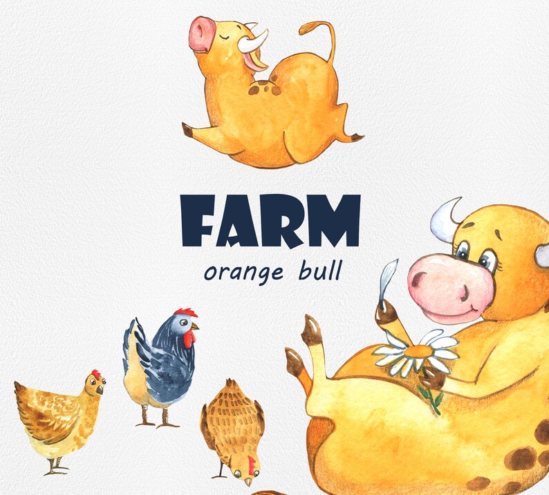 chicken and rooster Cute character of a bull on a farm watercolor clipart png Farm orange bull