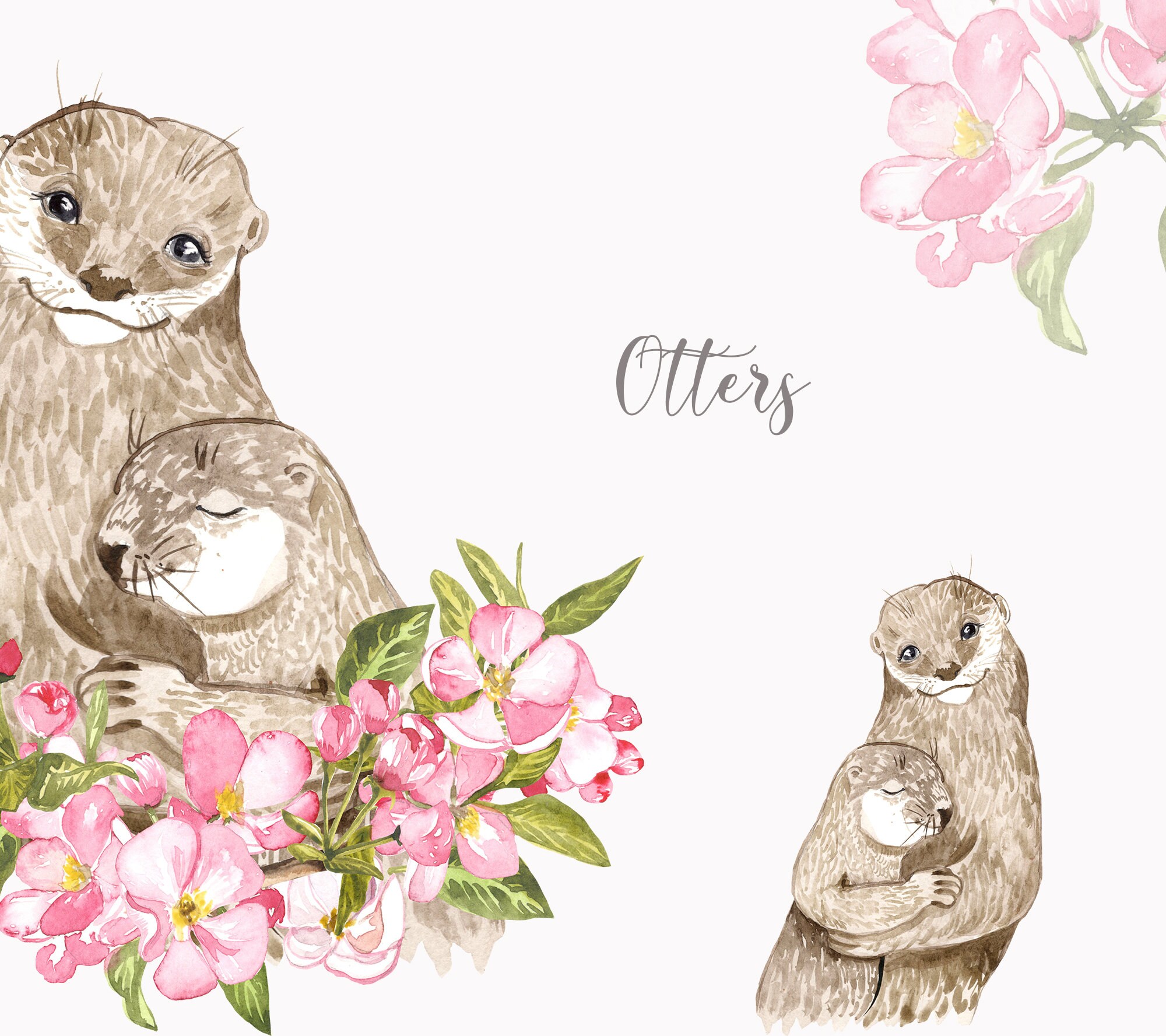 Mom and baby otter in a bouquet of flowers cute animals | Etsy