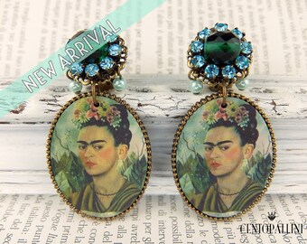 Frida Kahlo Blue Earrings, Frida Kahlo Crystal Earrings, Vitage Style Earrings, gift for her
