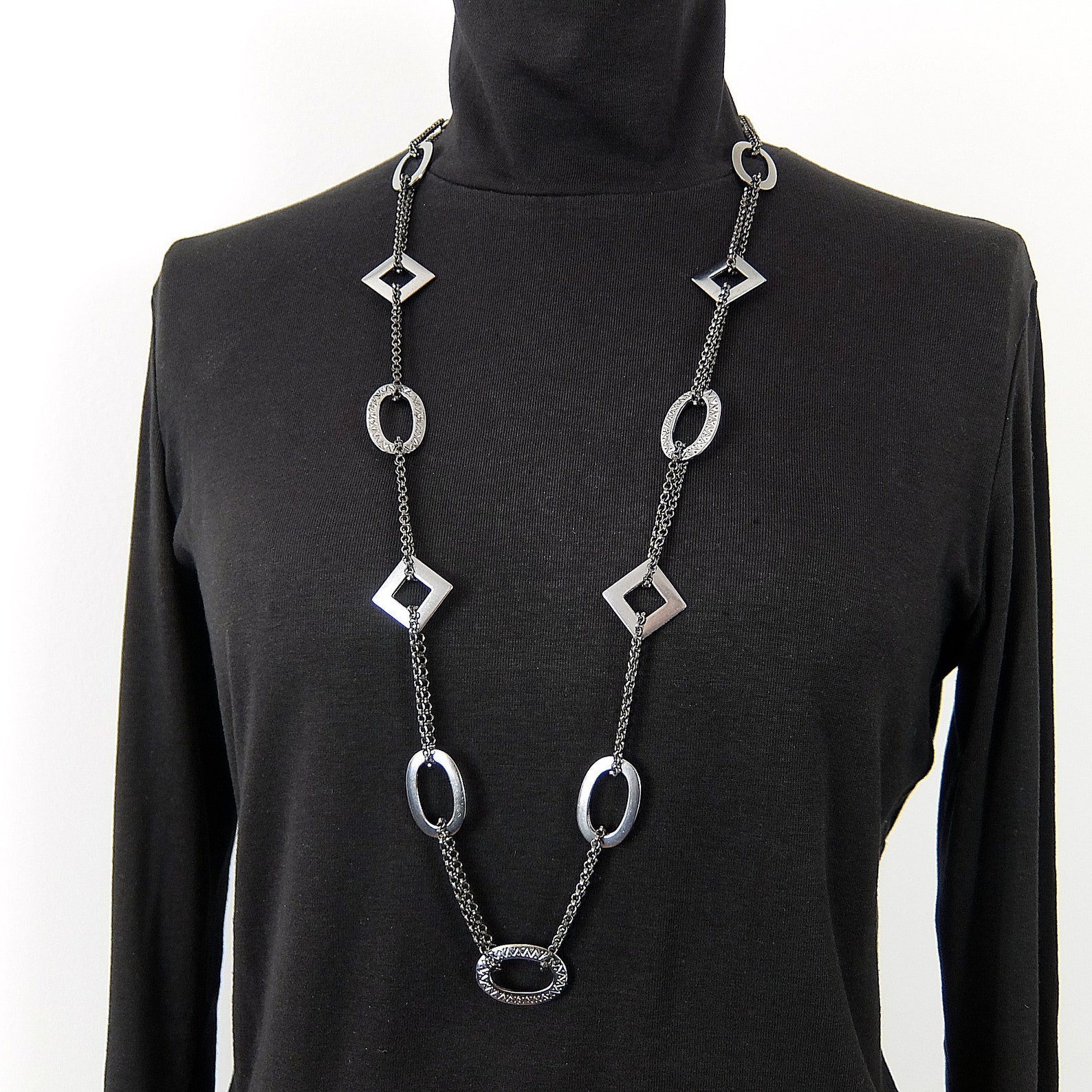 Long Chain Necklace and Earrings Set With Oval and Square Etsy