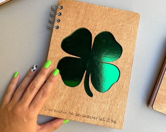 Lucky Clover Wood Journal, St Patrick's Day Gift for Woman, Personalized Notebook, Custom Notebook, Personalized Gift