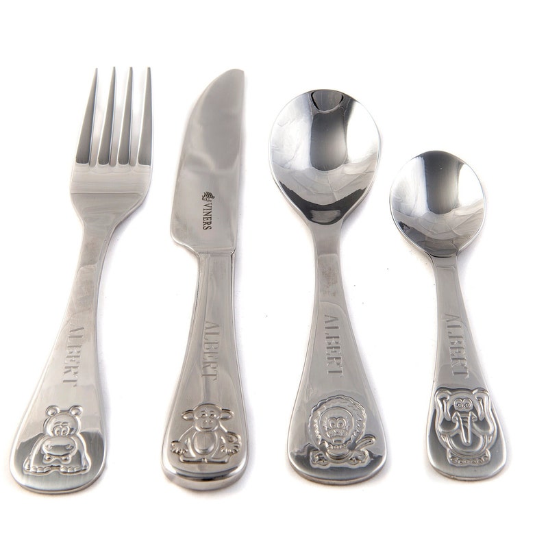 Viners Childrens Kids Personalised Engraved Jungle Animal 4 Piece Cutlery Set In Presentation Box Perfect Christmas Birthday Baptism Gift