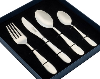 Children’s Kids Personalised Engraved 4 Piece Cutlery Set in a Presentation Box Classic design 18/10 stainless steel. Perfect Christmas gift