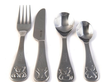 Personalised Children's Cutlery Set: Viners Engraved Bertie Bear, Stainless Steel Christening Christmas Gift