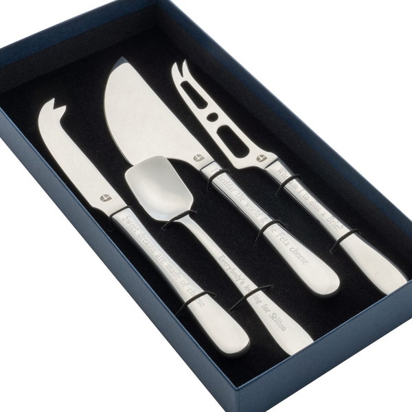 Personalisierte gravierte 4-teilige Käsemesser-Set in maßgeschneiderter Präsentationsbox aus Edelstahl Jahrestag perfektes Weihnachtshochzeitsgeschenk