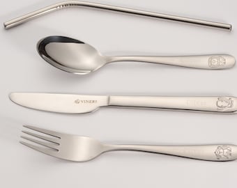 Viners Children’s Kids Personalised Engraved Safari Cutlery Set Embossed with Lion Monkey & Elephant The Perfect Baptism Christening Gift.