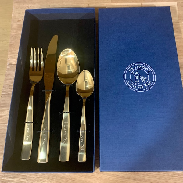 Viners Personalised Engraved Gold Adult 4 Piece Cutlery Set in Bespoke Giftbox Perfect Christmas Retirement Steel Anniversary Birthday Gift