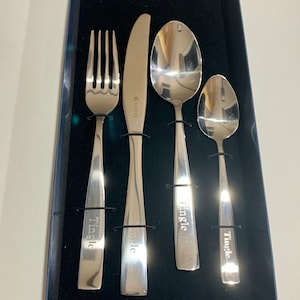 Personalised Engraved Adult 4 Piece Cutlery Set With Bespoke Presentation Box Ideal Wedding Anniversary Birthday Retirement Xmas Gift zdjęcie 10