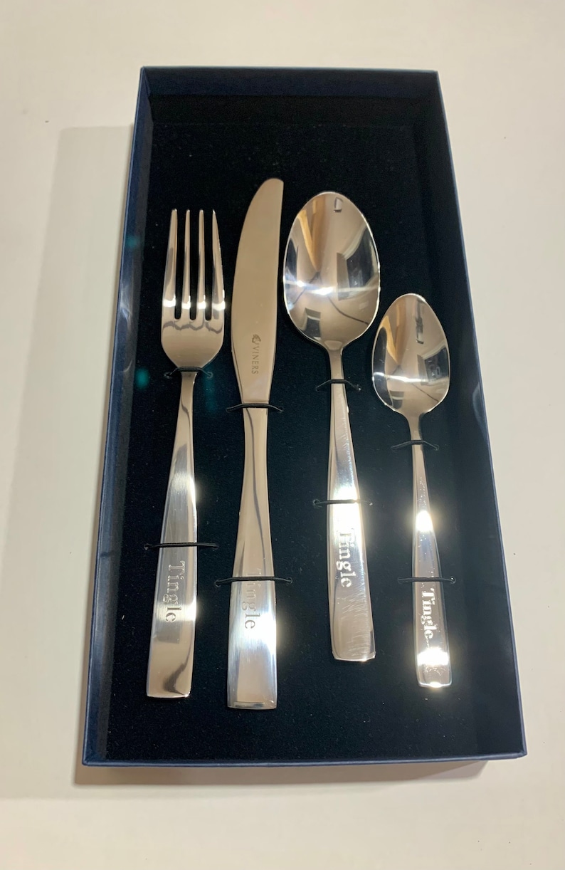 Personalised Engraved Adult 4 Piece Cutlery Set With Bespoke Presentation Box Ideal Wedding Anniversary Birthday Retirement Xmas Gift zdjęcie 10