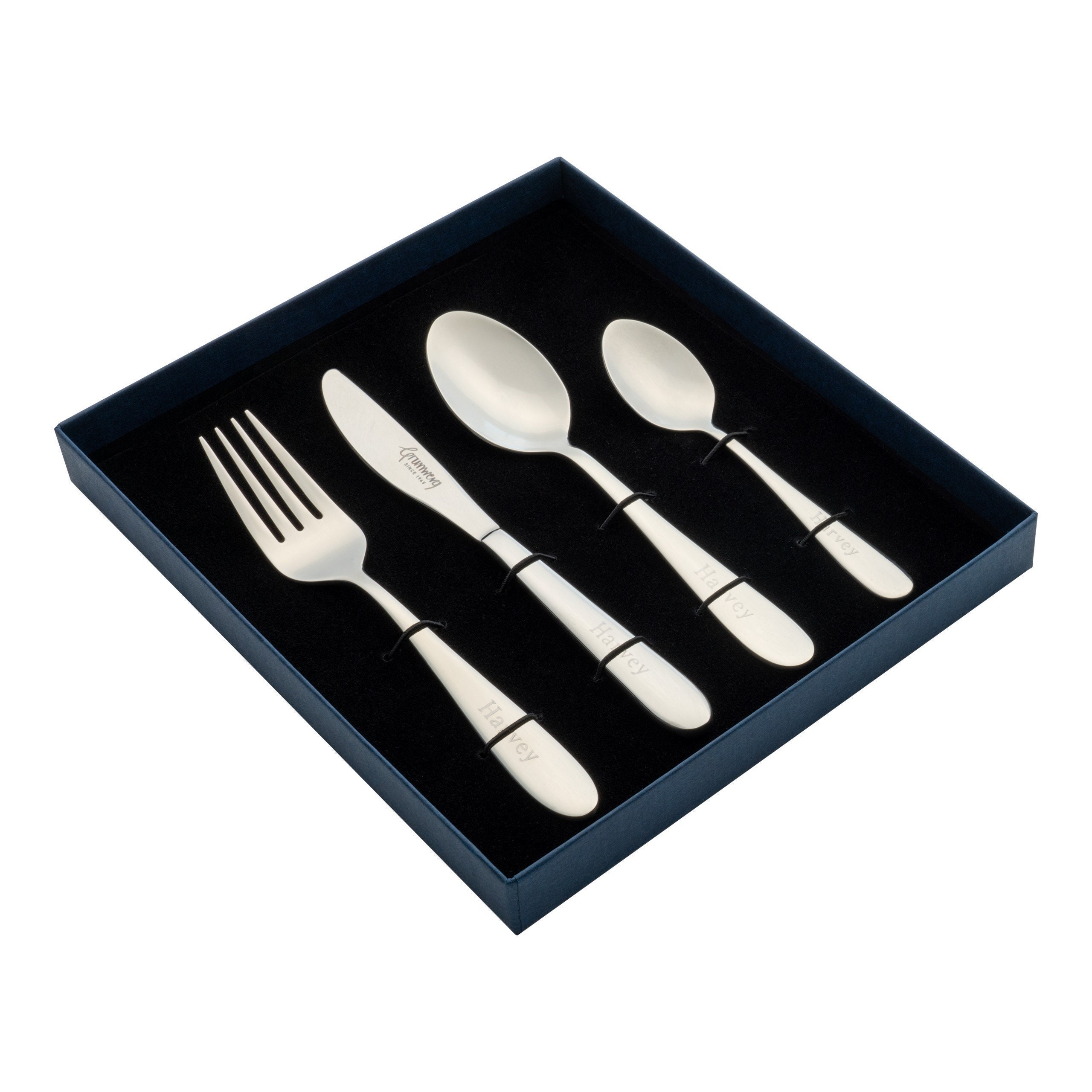 Childrens Kids Personalised Engraved 4 Piece Cutlery Set in Presentation Box 18/10 stainless steel Perfect Christmas Christening Birthday