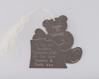 Stainless Steel Personalised Engraved Teddy Bear Christmas Tree Decoration Baby 1st Christmas