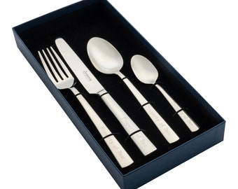 Personalised Engraved Adult 4 Piece Cutlery Set With Presentation Box Ideal Steel Wedding Anniversary Birthday Retirement Christmas Gift