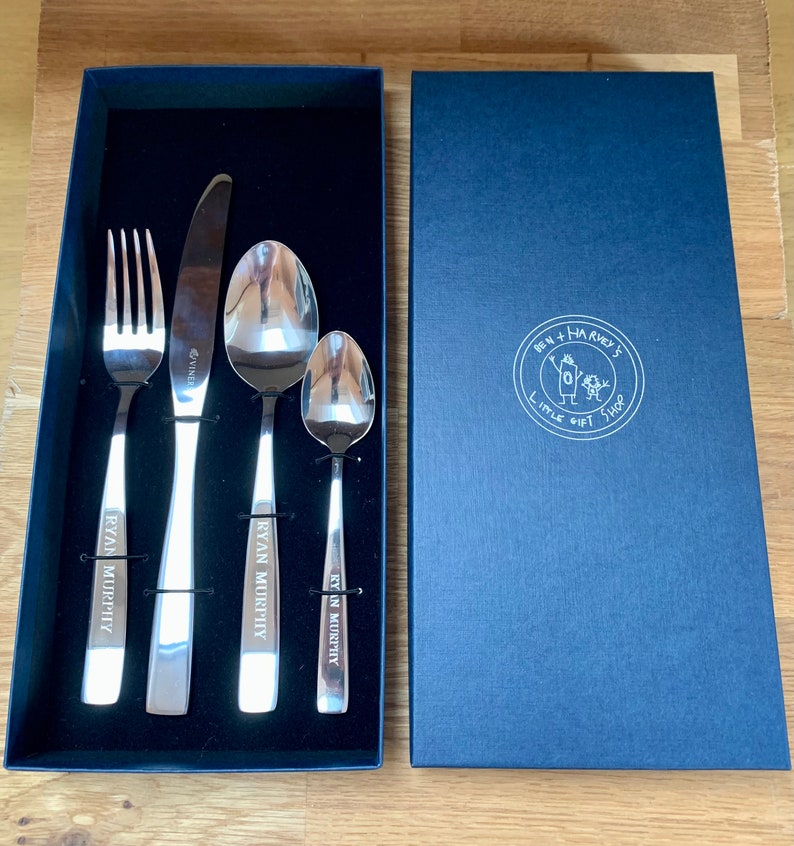 Personalised Engraved Adult 4 Piece Cutlery Set With Bespoke Presentation Box Ideal Wedding Anniversary Birthday Retirement Xmas Gift zdjęcie 9