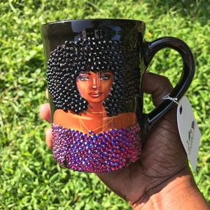 Bling Coffee Mug, Black girl magic cup, rhinestone decorated drinkware, personalized gifts for mom, customizable, simply kreated designs
