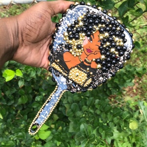 Afro Bling Mirror, Pearl Beaded Decorated Makeup Hand Mirror, Bedazzle Mirror with handle, Black Woman, Gifts for her,rhinestone