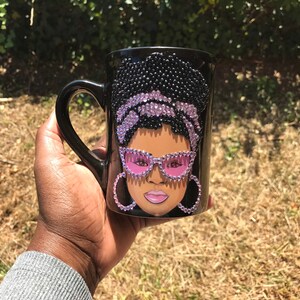 Personalized Afro Mug Blinged Out Hair, Black Woman, Custom personalized, Rhinestone cups, Decorated, Pearl African American