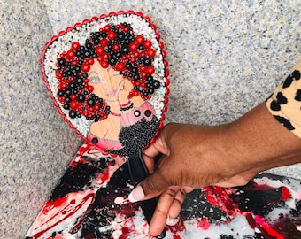 Afro Bling Mirror, Pearl Beaded Decorated Makeup Hand Mirror, Bedazzle Mirror with handle, Black Woman, Gifts for her,rhinestone