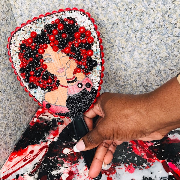 Afro Bling Mirror, Pearl Beaded Decorated Makeup Hand Mirror, Bedazzle Mirror with handle, Black Woman, Gifts for her,rhinestone