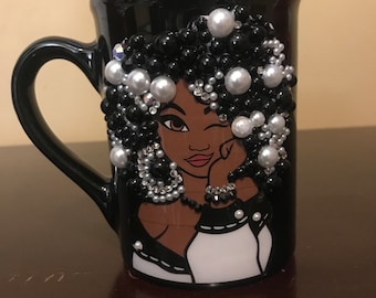 Afro Bling Coffee Mug| Beaded Mug, Lady Mug, Coffee Cup, Black Woman Cups ,3D decorated coffee mug,personalized,pearls, custom