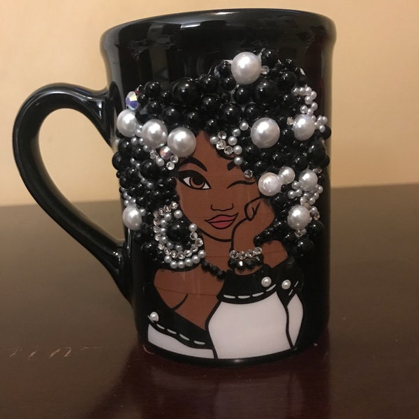 Afro Bling Coffee Mug| Beaded Mug, Lady Mug, Coffee Cup, Black Woman Cups ,3D decorated coffee mug,personalized,pearls, custom