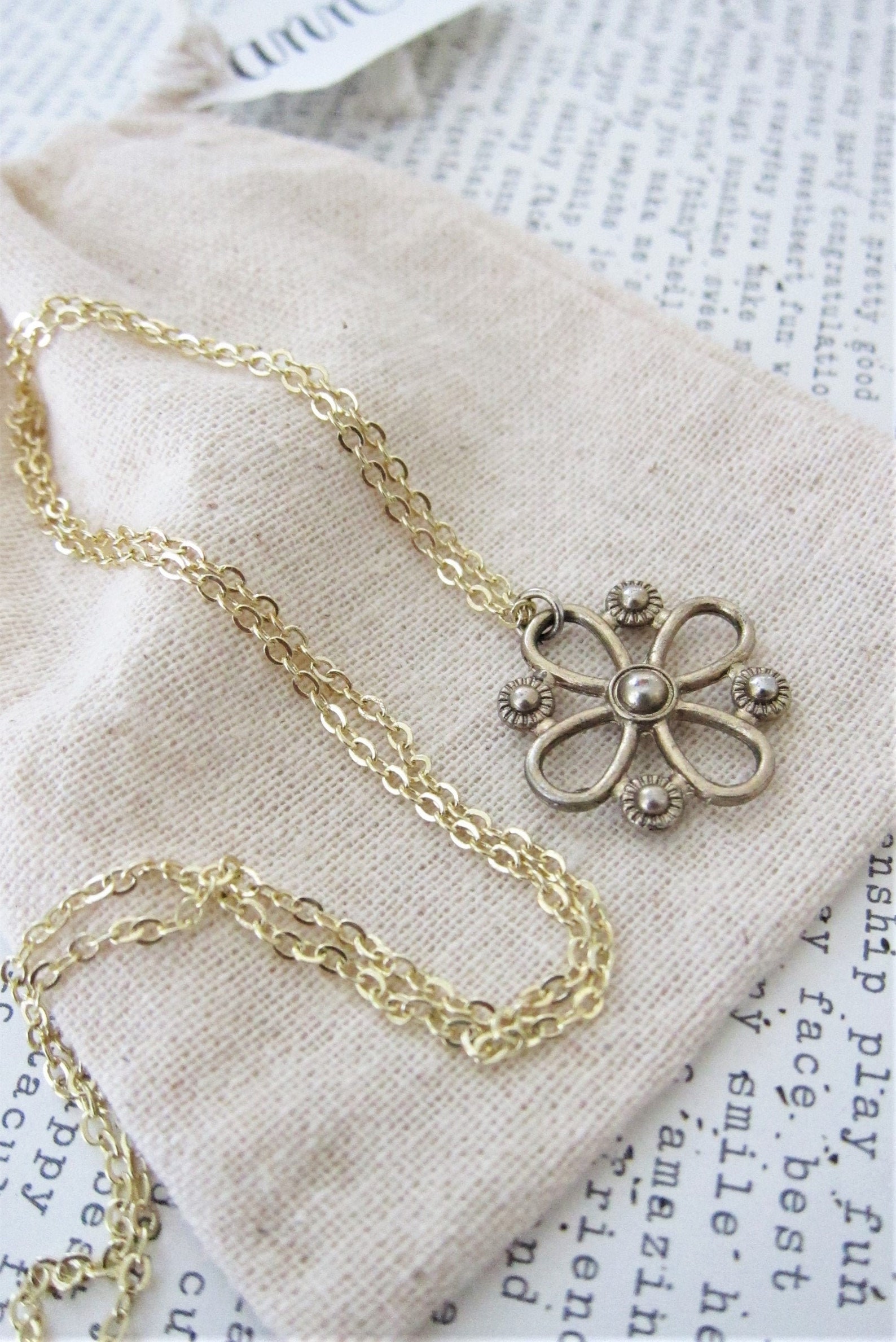Four Petal Flower Necklace Simple Dangle 14K Gold Plated Etsy